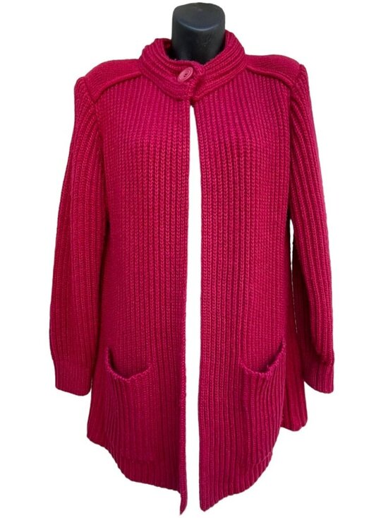 Christmas VTG 90s Red High Neck One Button Ribbed Knit Cardigan Women’s M Winter - Picture 1 of 8
